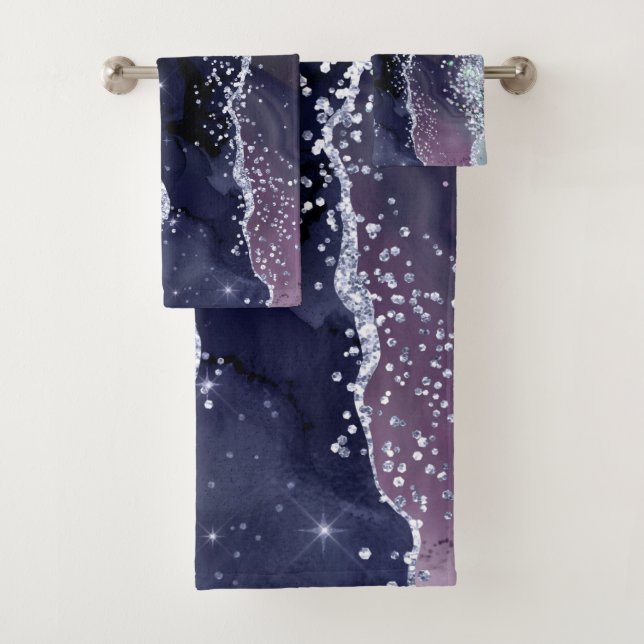 JEU DE SERVIETTES LUXE PURPLE BLUE SPARKLE MARBRE  (En situation)