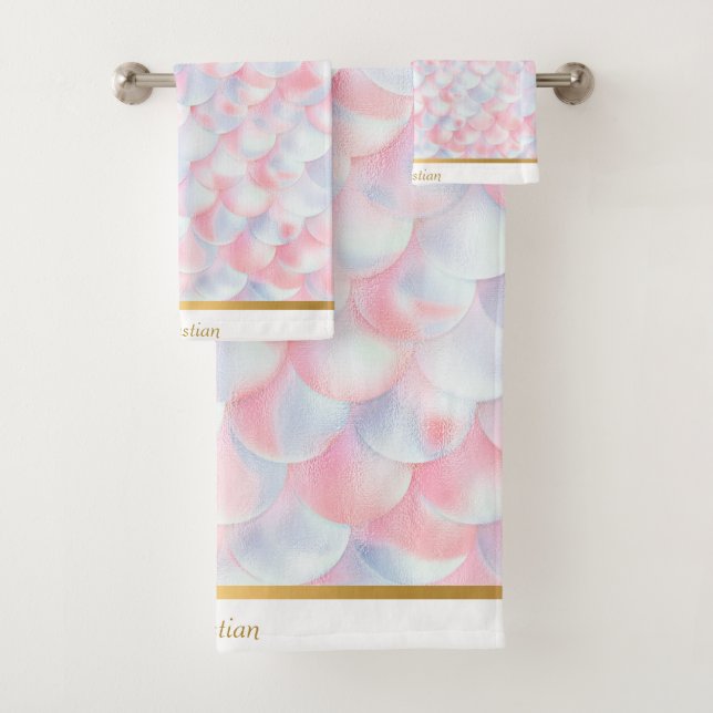 JEU DE SERVIETTES TRIM EN MERMAIN BLEU ROSE LUXE (En situation)