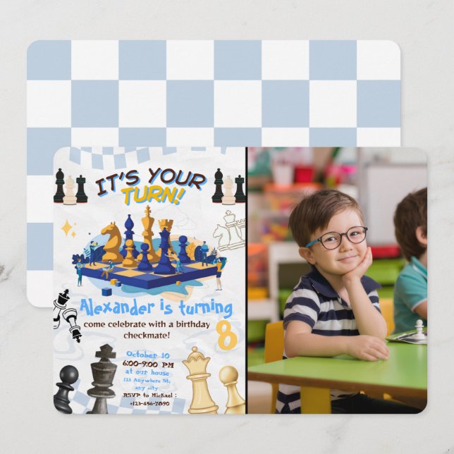 Jeu d'échecs Invitation d'anniversaire avec photo  (Devant / Derrière)
