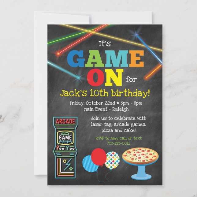 Jeu Sur Arcade Pizza Party Chalkboard Invitation (Devant)