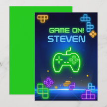 Jeu sur vert néon, bleu, jaune gamer Invitation