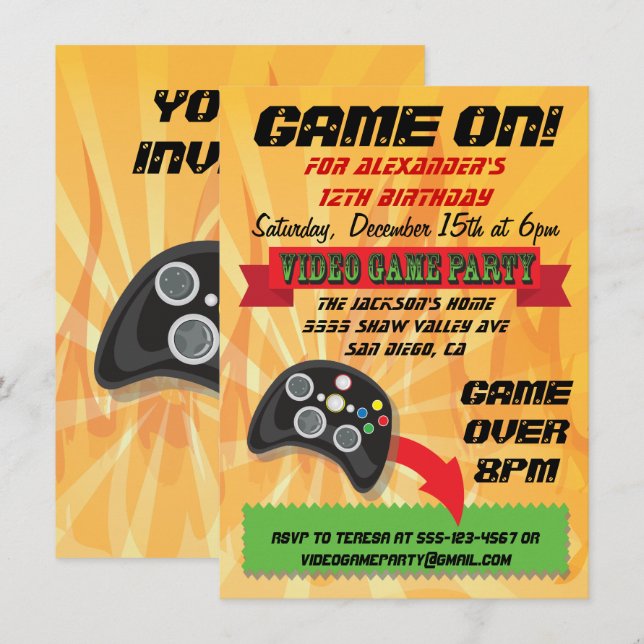 Jeu vidéo Invitations de fête d'anniversaire (Devant / Derrière)