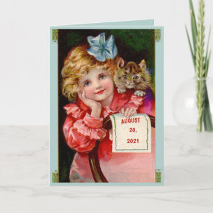 Jeune dame, chat, anniversaire, ruban, carte de vo