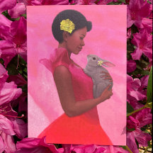 "Jeune femme au printemps avec lapin." Carte de vœ