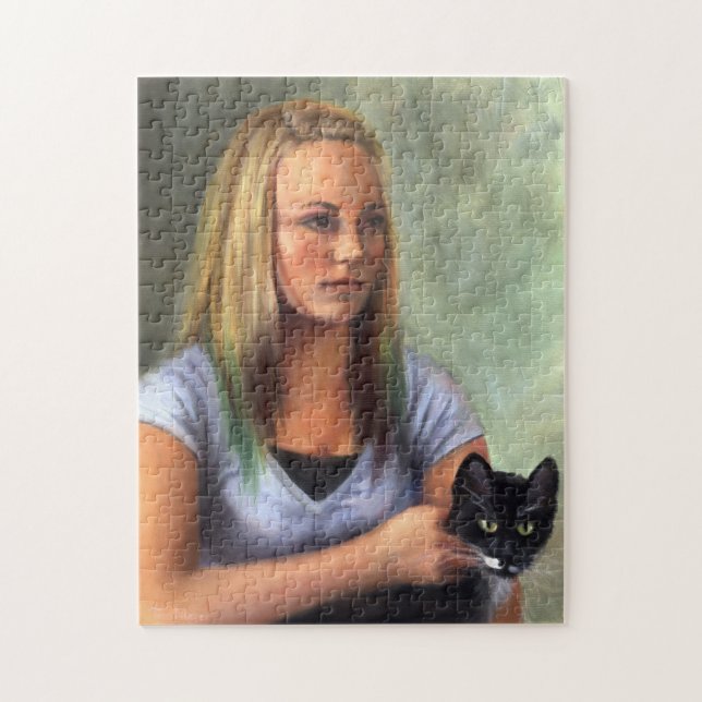 Jeune fille avec le puzzle de chat noir (Vertical)