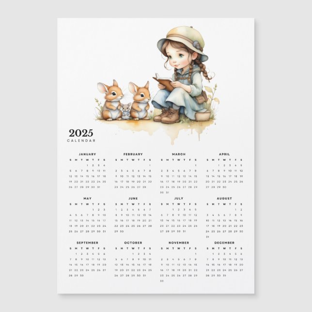Jeune Fille Lit Livre Rabbits 2025 Magnet Calendri (Devant)