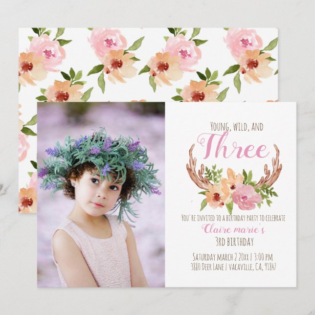Jeune invitation d'anniversaire sauvage et trois b (Devant / Derrière)