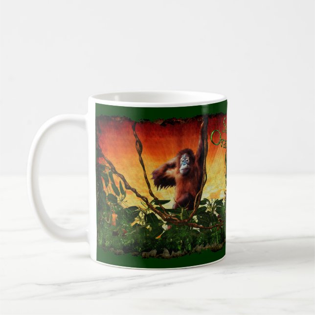 Jeune Orangutan & Rainforest Sunrise Art Mug (Gauche)