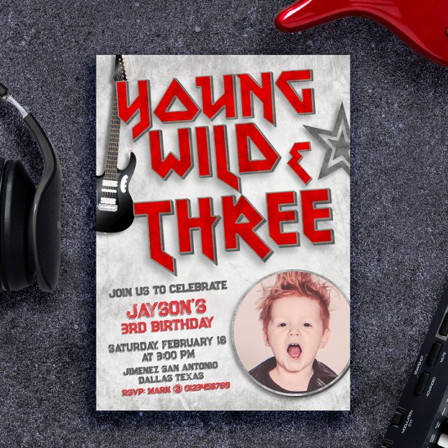 Jeune Sauvage et Trois Invitation Rock avec Photo (Young Wild and Three Rock Invitation with Photo Picture)