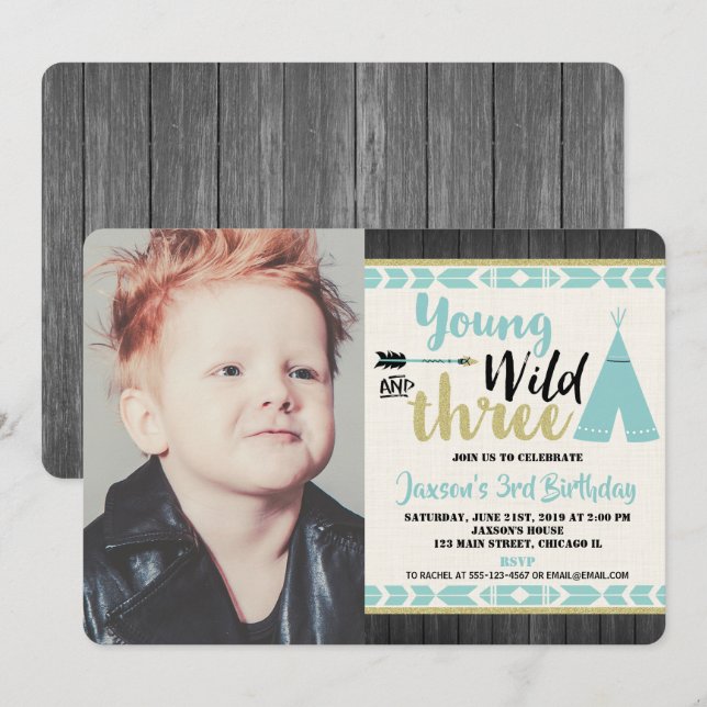 Jeune sauvage trois turquoise or photo invitation  (Devant / Derrière)