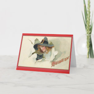 Jeune sorcière et chat noir - Carte Halloween