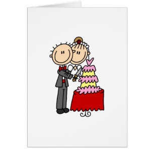 Jeunes mariés par la carte de gâteau de mariage