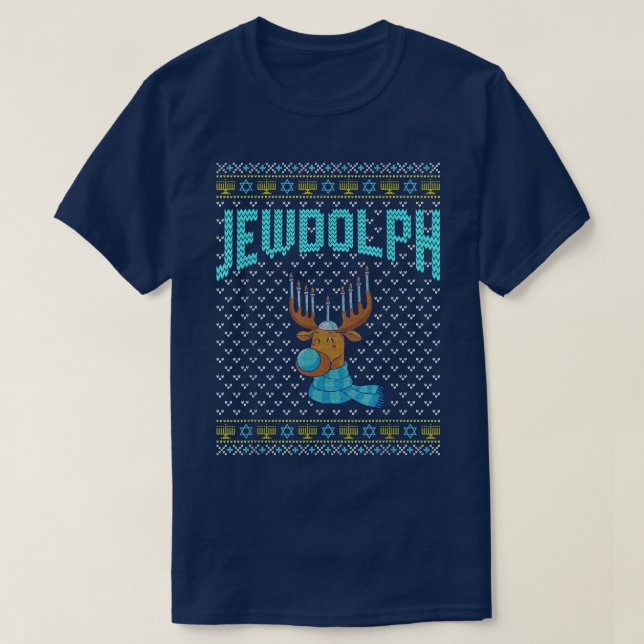 Jewdolph Ugly Hanukkah Reindeer Menorah Chanukah T T-Shirt (Design Front)