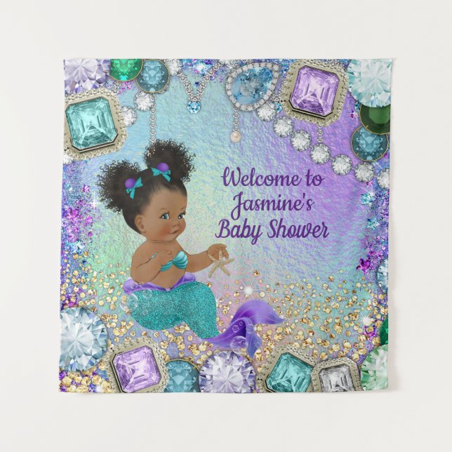 Jewel Afro Mermaid Baby Shower Banner Tapestry (Front)