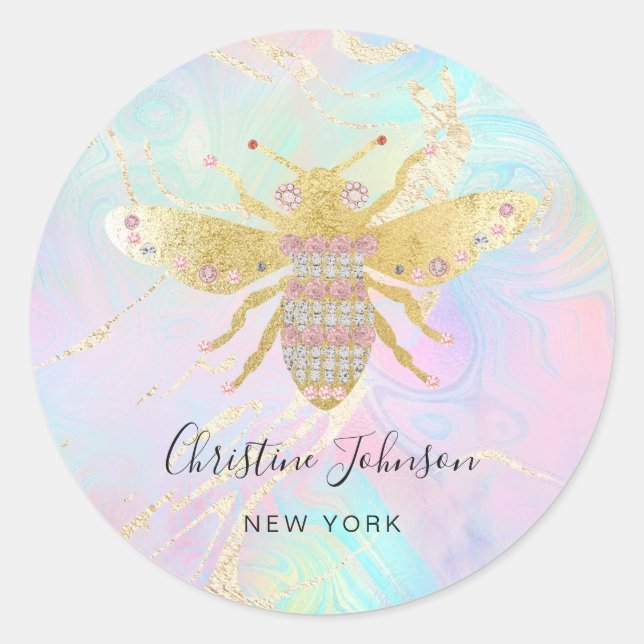 jewel bee logo on faux holographic design classic round sticker (Front)