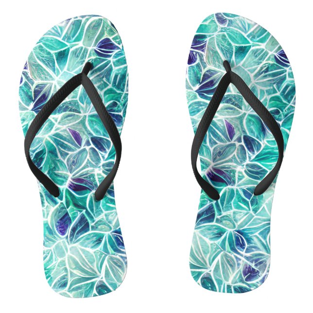 Jewel Blues Leaf Pattern Flip Flops (Footbed)