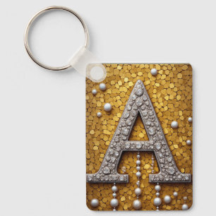 Jewel-Encrusted Letter A On Gold Mosaic Background Keychain