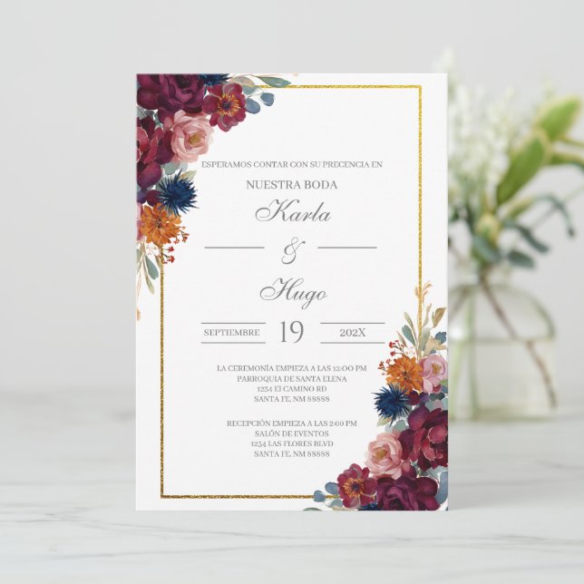 Jewel floral frame spanish wedding invitation (Standing Front)