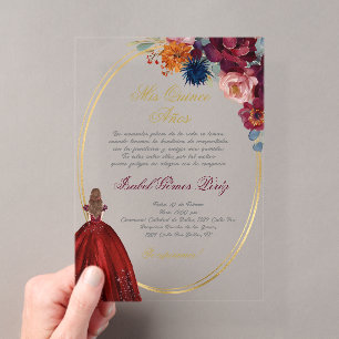 Jewel floral Quinceanera acrylic in Spanish Invitations