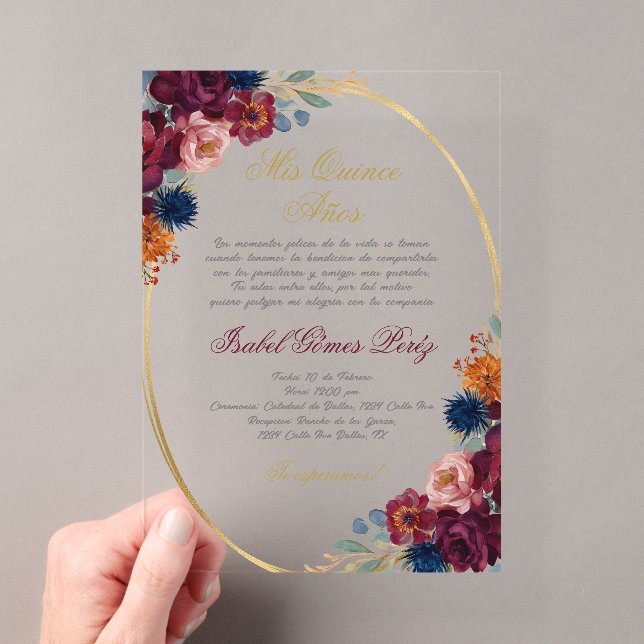 Jewel flower Spanish Quinceañera Acrylic Invitations (Insitu (Handheld))