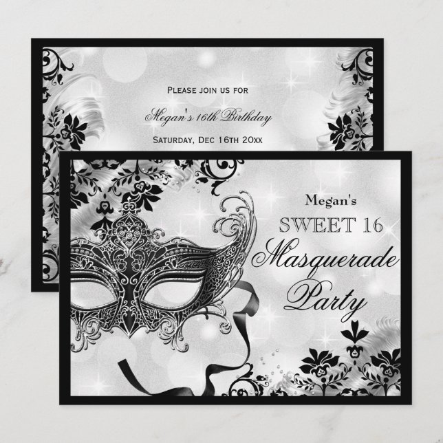 Jewel Mask & Damask Silver Masquerade Sweet 16 Invitation (Front/Back)