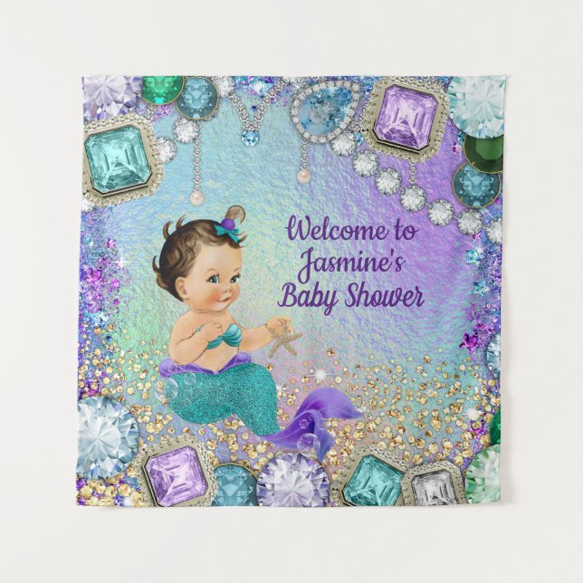 Jewel Mermaid Baby Shower Backdrop Banners Tapestry (Front)