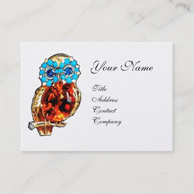 JEWEL OWL ,Gold, Blue Turquase ,Topaz White Pearl Business Card (Front)