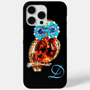 JEWEL OWL MONOGRAM Gold, Blue Turquase Topaz iPhone 15 Pro Max Case