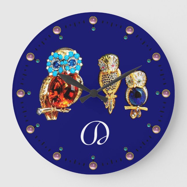 JEWEL OWLS Monogram Gold,Blue Turquase topaz Large Clock (Front)