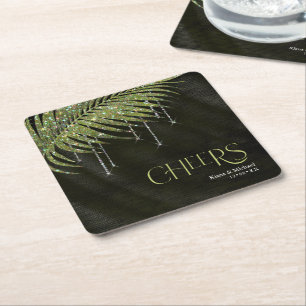 Jewel Palm Leaf Wedding Cheers Green ID830 Square Paper Coaster