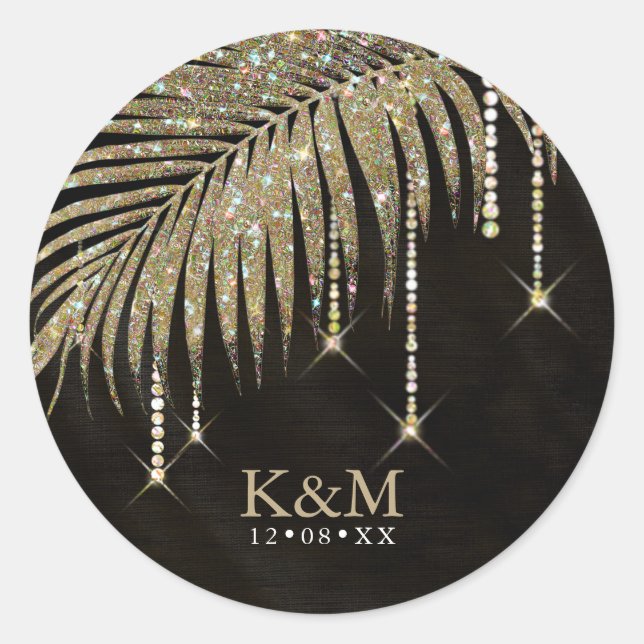 Jewel Palm Leaf Wedding Gold ID830 Classic Round Sticker (Front)