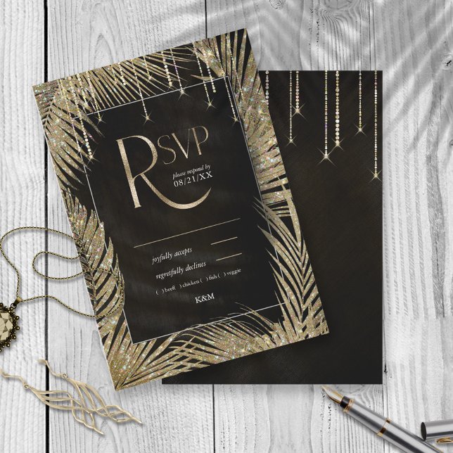 Jewel Palm Leaf Wedding Gold ID830 RSVP Card (Creator Uploaded)