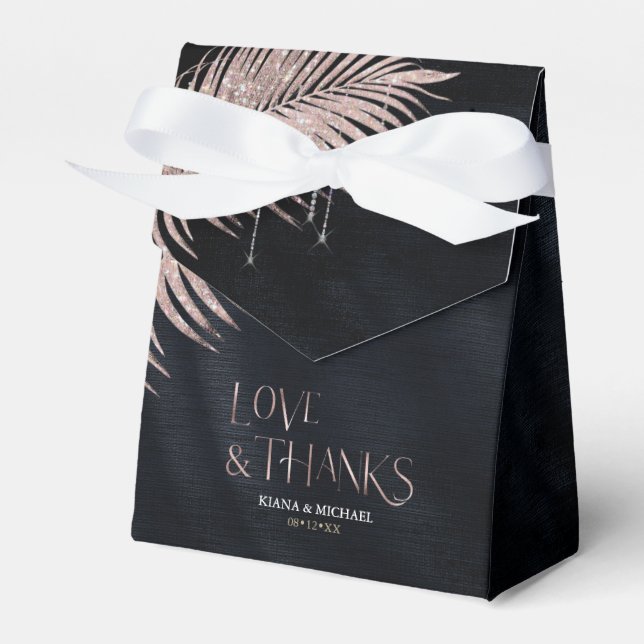Jewel Palm Leaf Wedding Rose Gold/Navy ID830 Favor Box (Front Side)