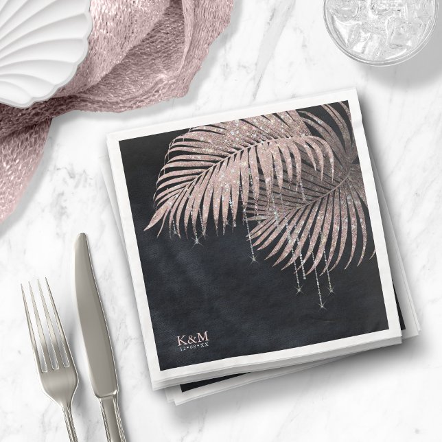 Jewel Palm Leaf Wedding Rose Gold/Navy ID830 Napkin (Creator Uploaded)