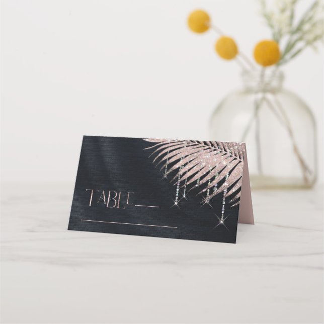 Jewel Palm Leaf Wedding Rose Gold/Navy ID830 Place Card (Front)