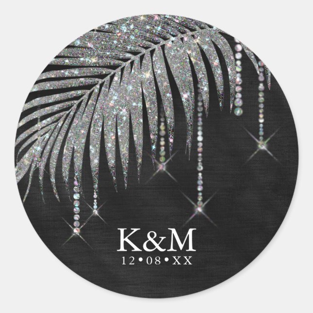 Jewel Palm Leaf Wedding Silver ID830 Classic Round Sticker (Front)