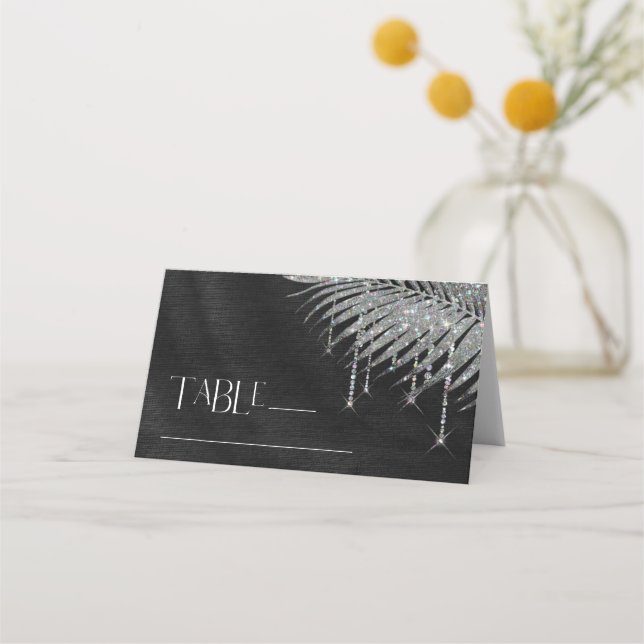Jewel Palm Leaf Wedding Silver ID830 Place Card (Front)