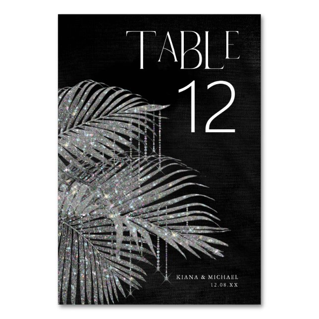 Jewel Palm Leaf Wedding Silver ID830 Table Number (Front)