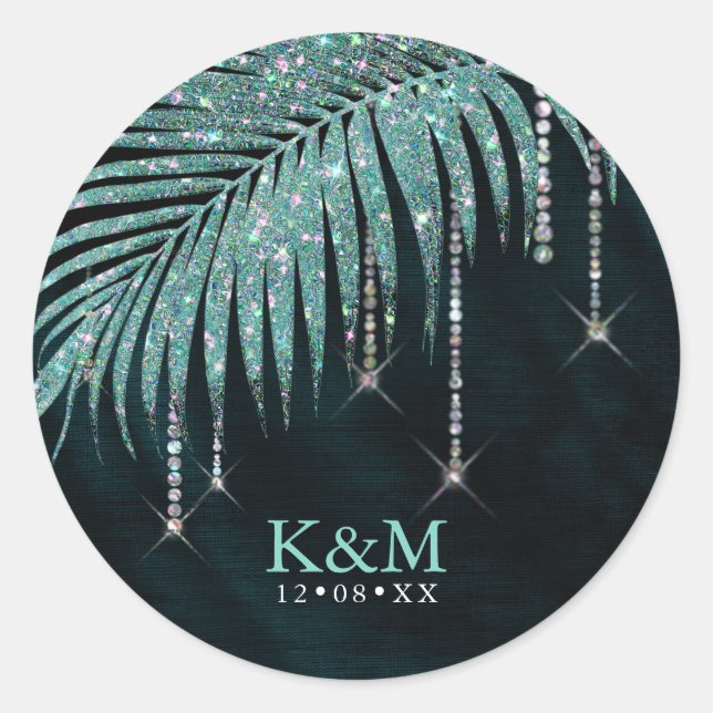 Jewel Palm Leaf Wedding Teal ID830 Classic Round Sticker (Front)