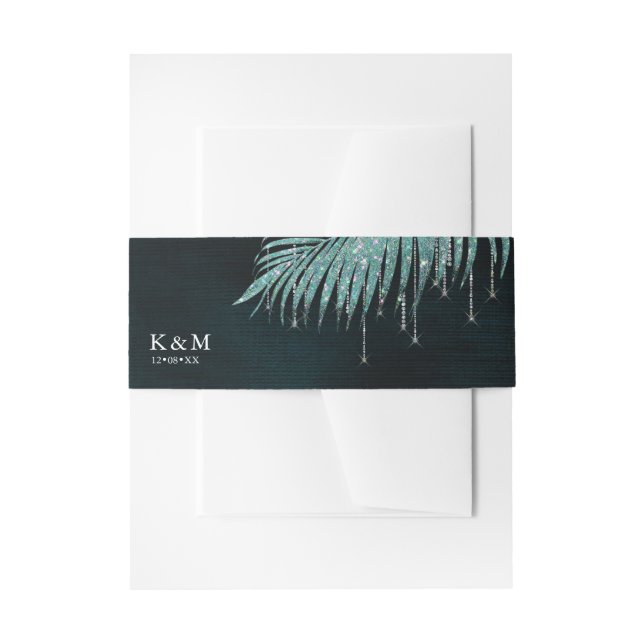Jewel Palm Leaf Wedding Teal ID830 Invitation Belly Band (Front Example)