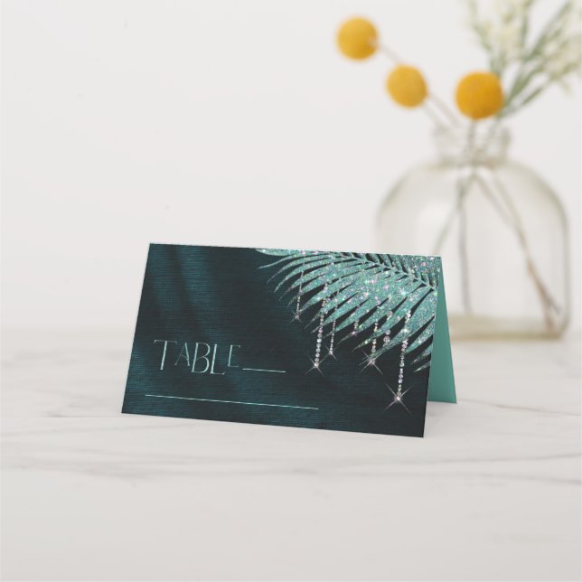 Jewel Palm Leaf Wedding Teal ID830 Place Card (Front)