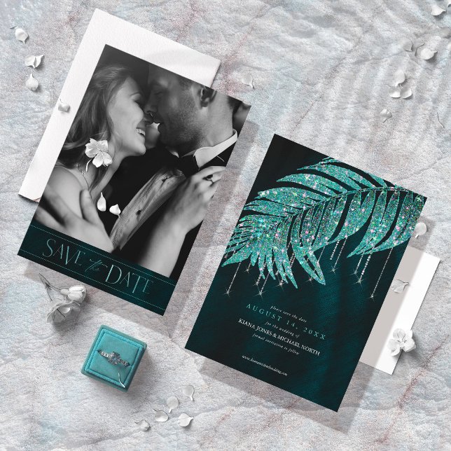 Jewel Palm Leaf Wedding Teal ID830 Save The Date (Creator Uploaded)