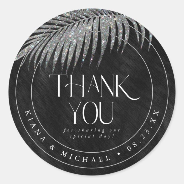 Jewel Palm Leaf Wedding Thank You Silver ID830 Classic Round Sticker (Front)
