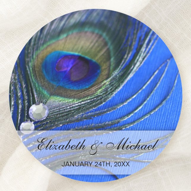 Jewel Peacock Feather Blue Wedding Favour Label (Creator Uploaded)