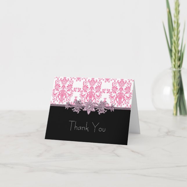 Jewel Pink Black Damask Merci Cartes (Devant)