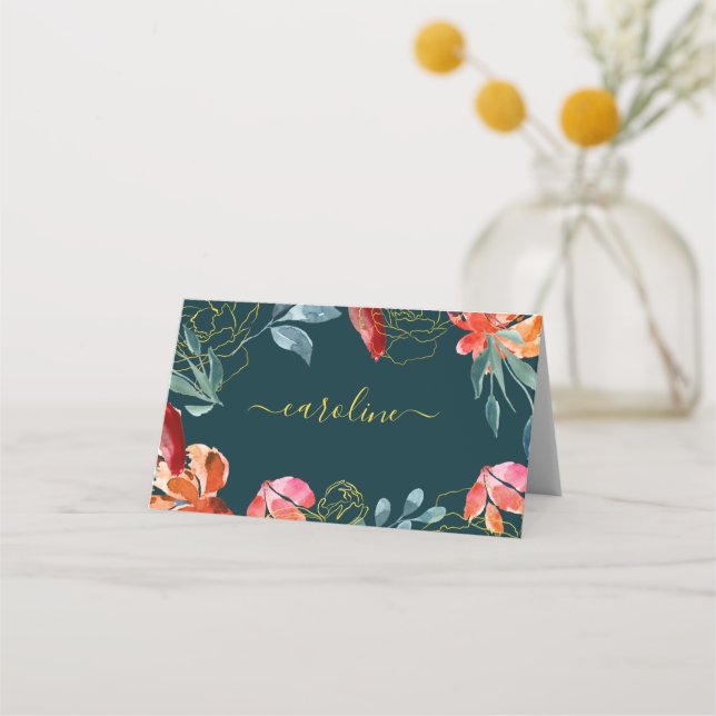 Jewel tone Blue Coral Floral Wedding Table  Place  Place Card (Front)