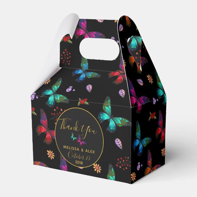Jewel Tone Butterflies on Black Wedding Thanks Favor Box (Front Side)