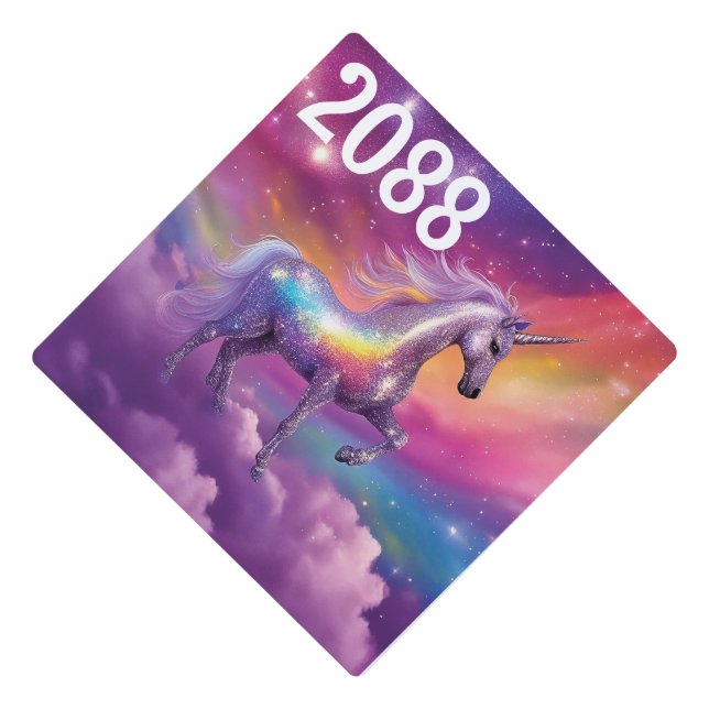 Jewel Tone Cosmic Sparkle Rainbow Glitter Unicorn Graduation Cap Topper (Front)