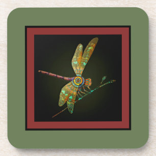 Jewel Tone Dragonfly Meets Mandala on Olive Coaster