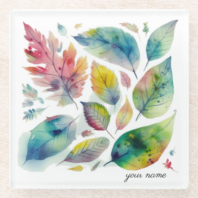 Jewel Tone Forest Watercolor, custom Glass Coaster (Front)